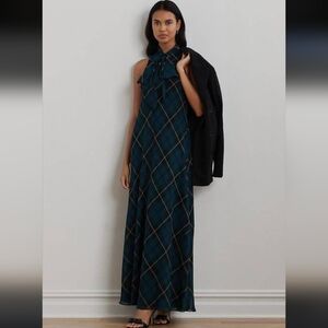 Ralph Lauren Dark Green and Navy Plaid Tie-Neck Maxi Dress with Bow